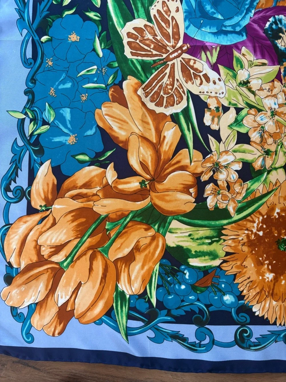 Floral Garden Silk-Feel Square Scarf in Navy & Orange